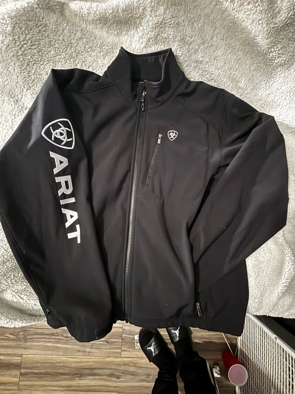 Ariat Men's Black Zip-Front Softshell Jacket with Sleeve logo all weatherproof